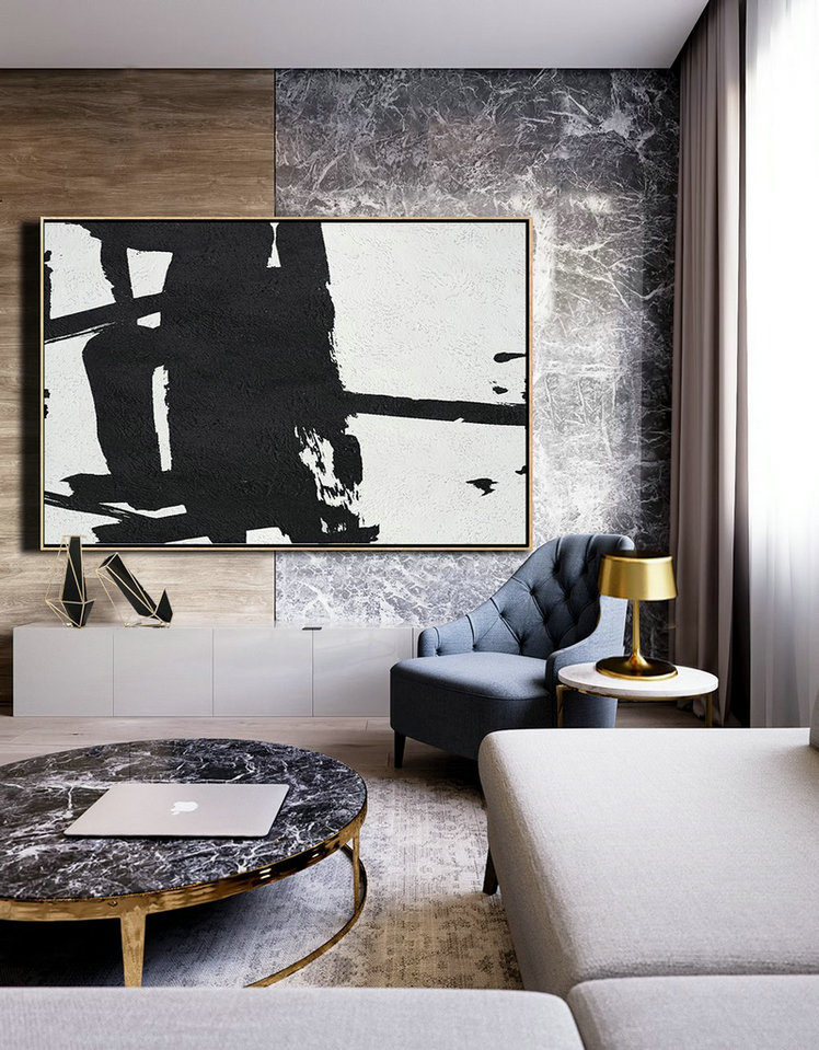 Large Colorful Wall Art,Horizontal Minimal Painting On Canvas, Black, White, Grey - Textured Painting Canvas Art
